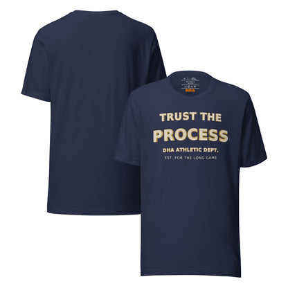 Trust the Process motivational t-shirt in Navy — front and back view